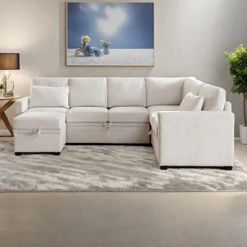 Canapé convertible 5 places en U de 268 cm avec lit gigogne et pouf de rangement
