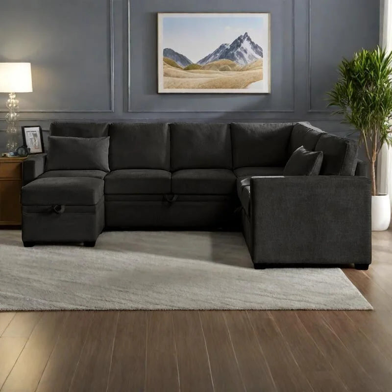 Canapé convertible 5 places en U de 268 cm avec lit gigogne et pouf de rangement