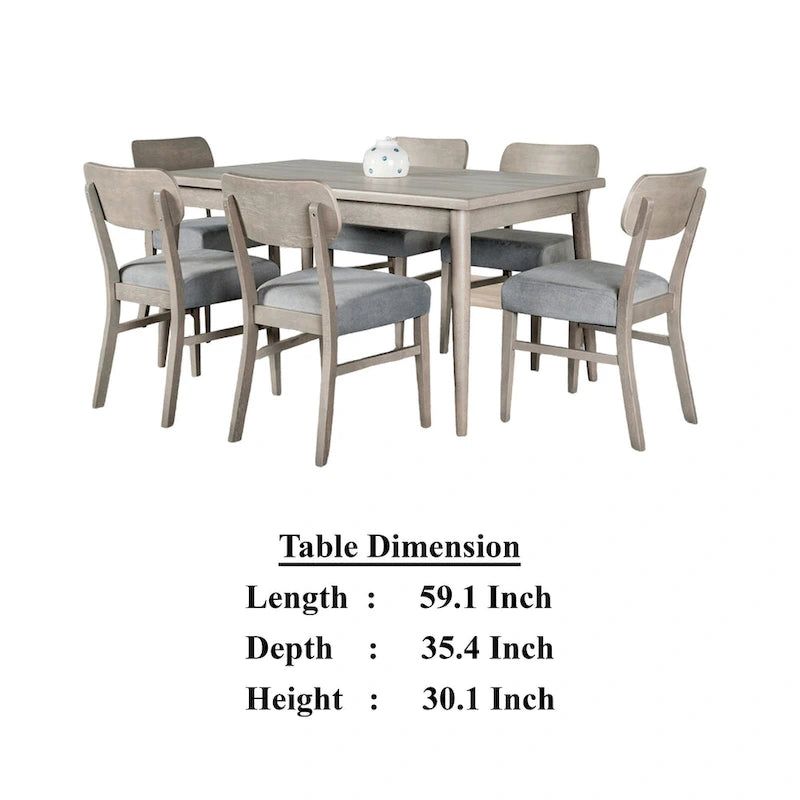 Table de salle à manger 7 pièces avec 6 chaises rembourrées, bordure massive, grise