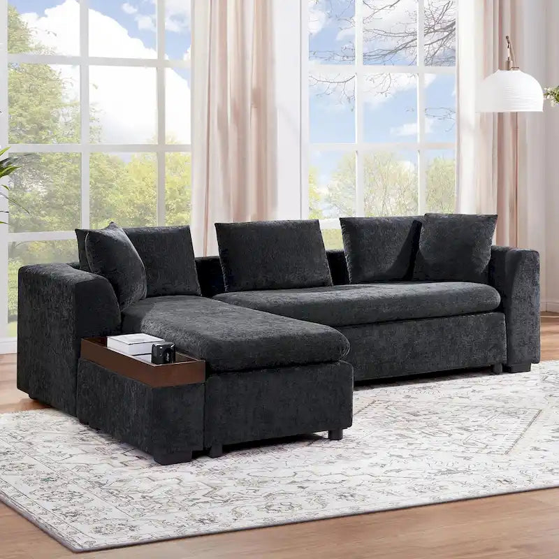 Canapé d'angle en tissu chenille avec méridienne et rangement