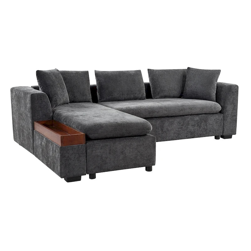 Canapé d'angle en tissu chenille avec méridienne et rangement