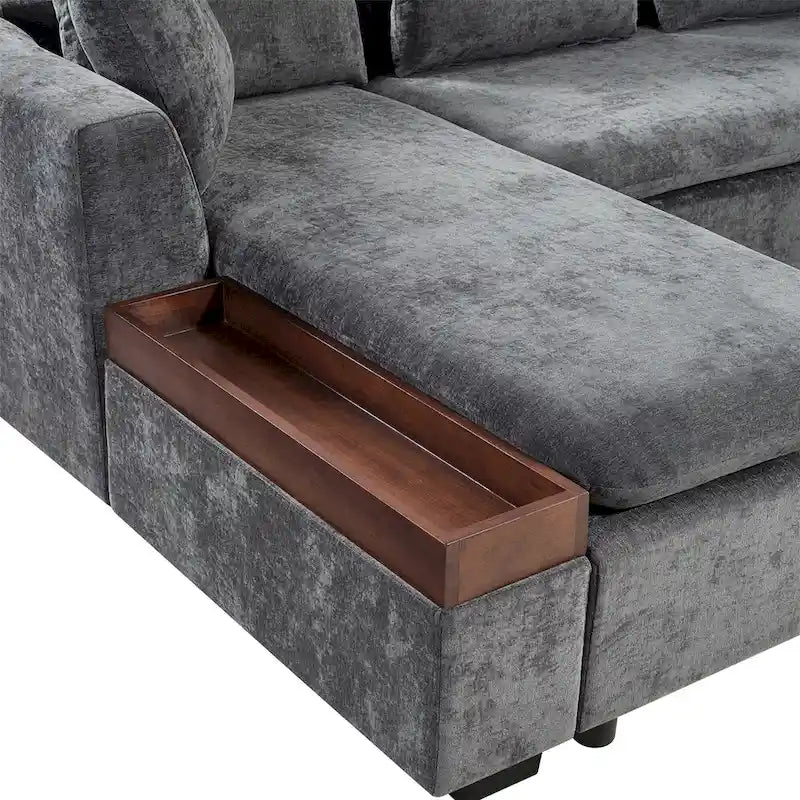 Canapé d'angle en tissu chenille avec méridienne et rangement