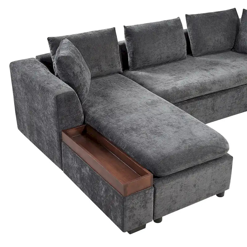 Canapé d'angle en tissu chenille avec méridienne et rangement