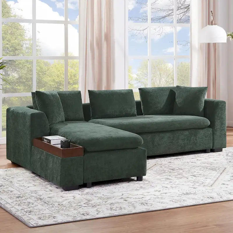 Canapé d'angle en tissu chenille avec méridienne et rangement