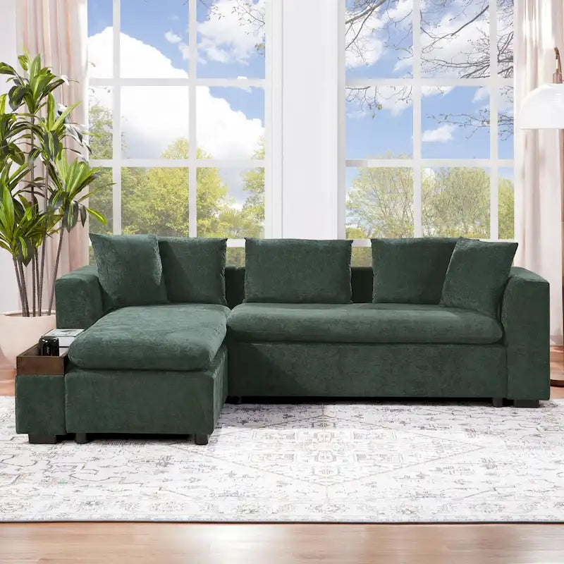 Canapé d'angle en tissu chenille avec méridienne et rangement