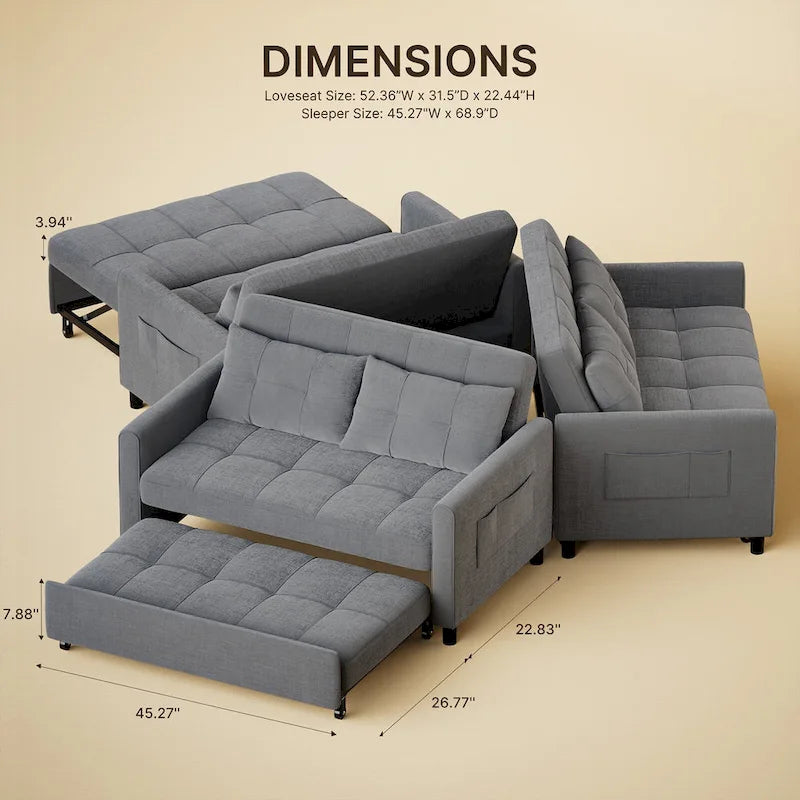 Canapé 3 en 1 convertible, causeuse futon avec lit gigogne et dossier réglable