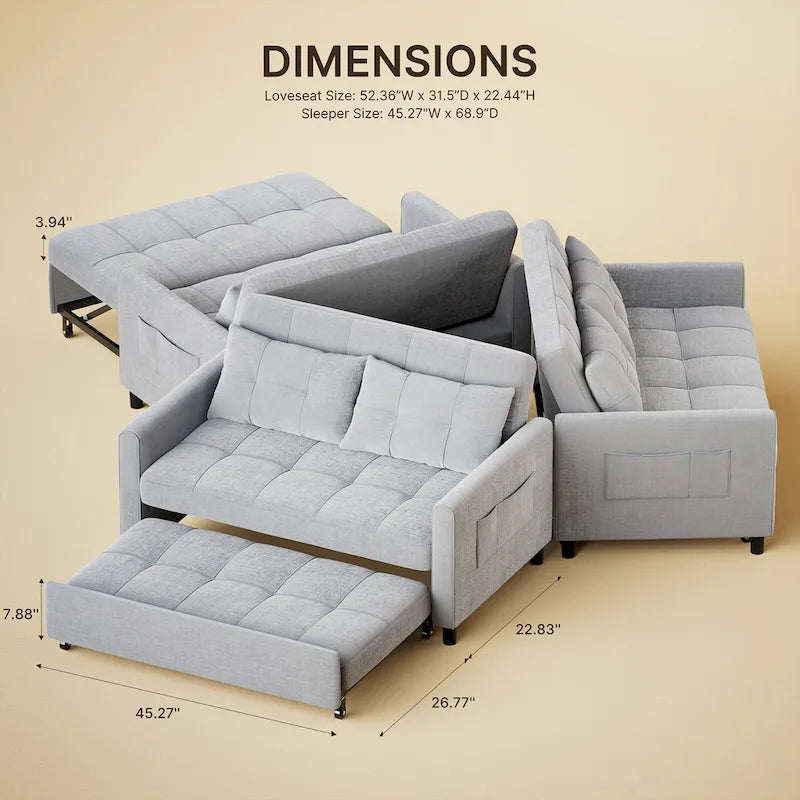 Canapé 3 en 1 convertible, causeuse futon avec lit gigogne et dossier réglable