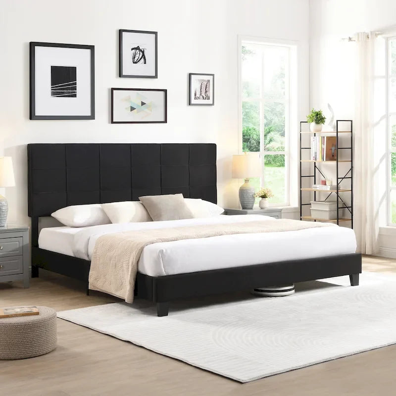 Lit capitonné King Size avec tête de lit en tissu de lin