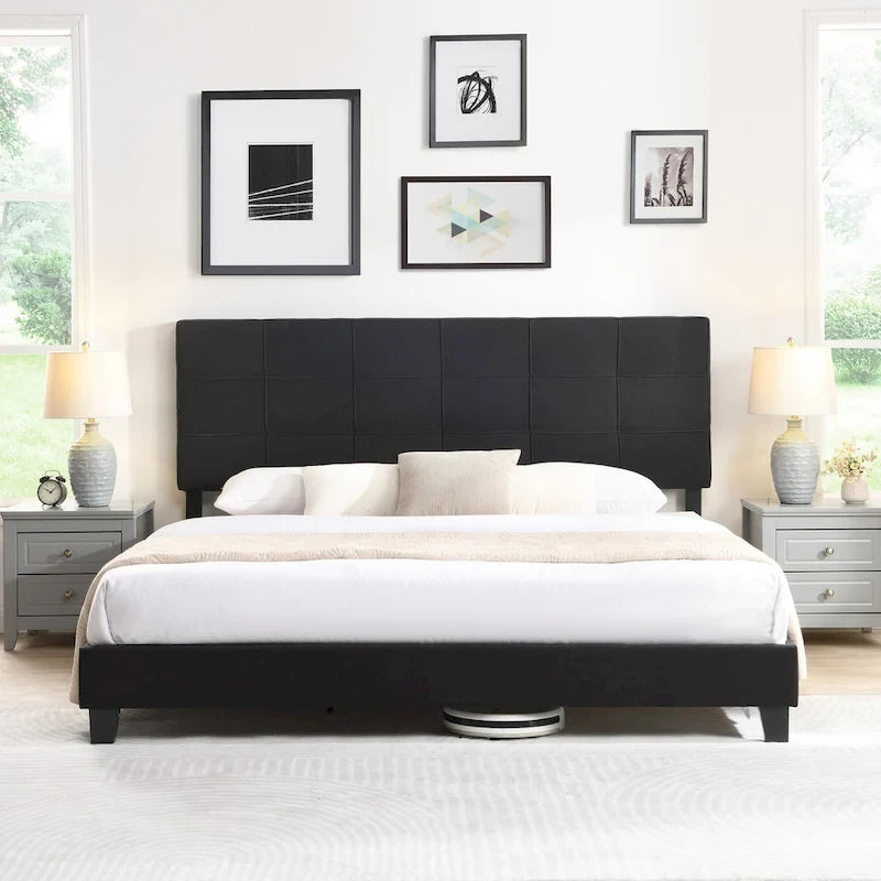 Lit capitonné King Size avec tête de lit en tissu de lin