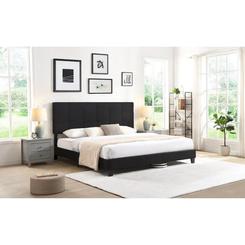 Lit capitonné King Size avec tête de lit en tissu de lin