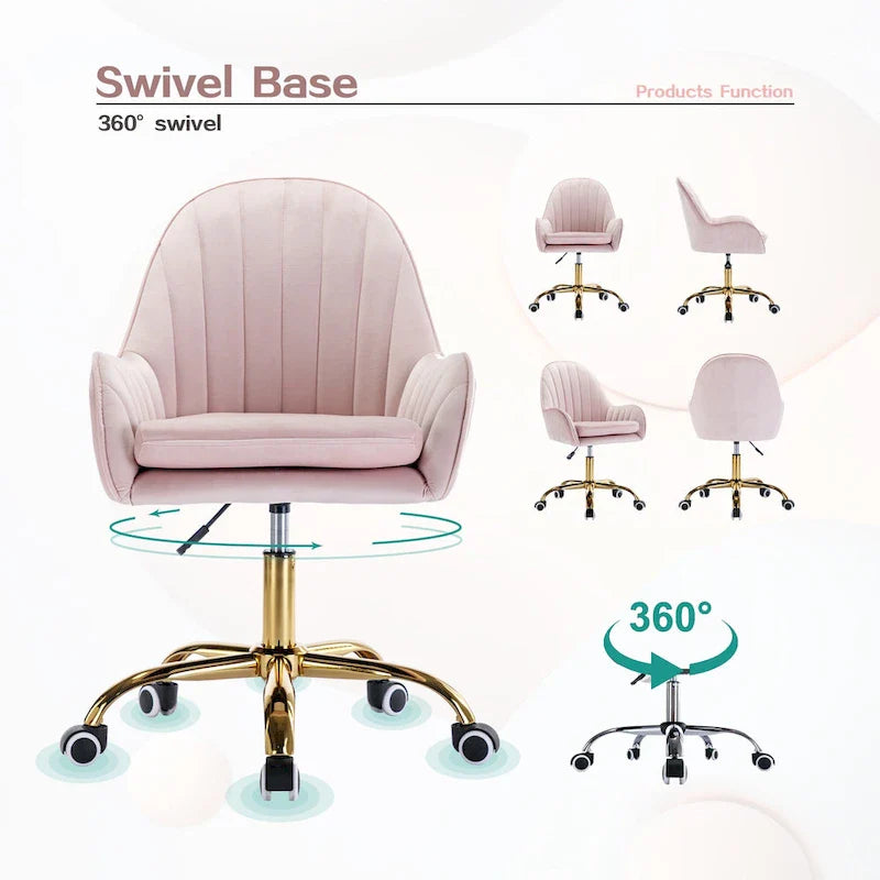 Joli Fauteuil de Bureau avec Accoudoirs et Piétement en Métal Doré, Hauteur Réglable