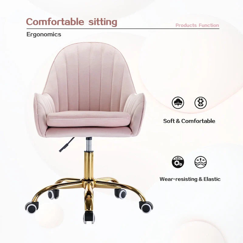 Joli Fauteuil de Bureau avec Accoudoirs et Piétement en Métal Doré, Hauteur Réglable
