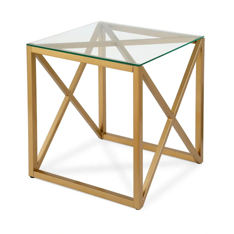 Table d'appoint géométrique en métal et verre avec piètement en X, finition laiton doré