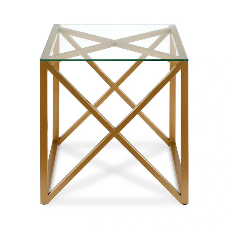 Table d'appoint géométrique en métal et verre avec piètement en X, finition laiton doré