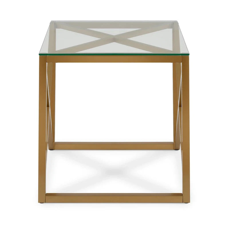 Table d'appoint géométrique en métal et verre avec piètement en X, finition laiton doré