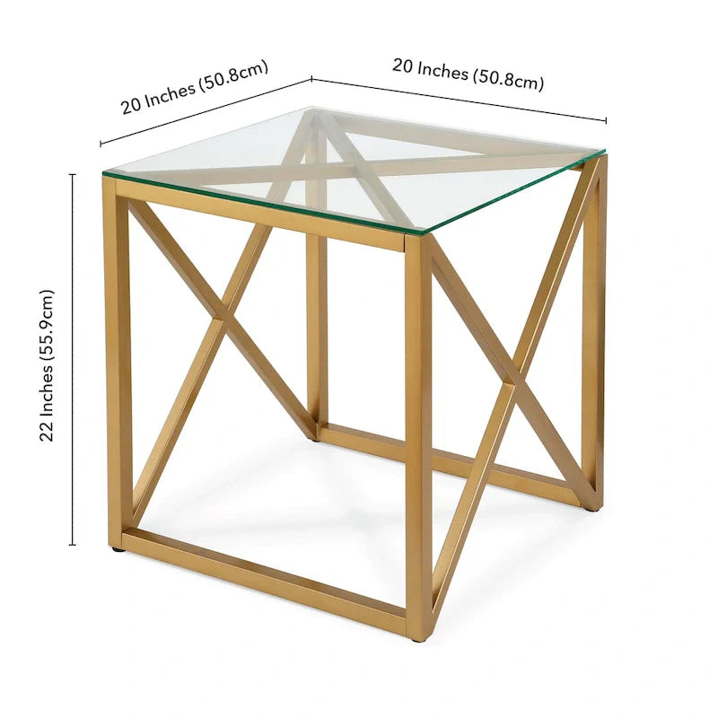 Table d'appoint géométrique en métal et verre avec piètement en X, finition laiton doré