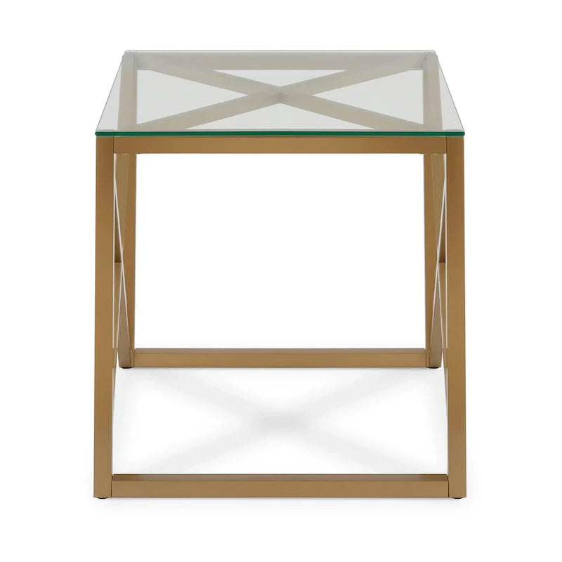 Table d'appoint géométrique en métal et verre avec piètement en X, finition laiton doré