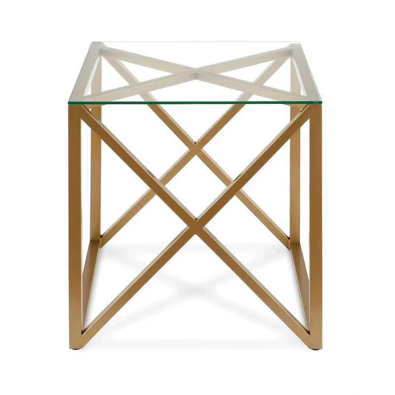 Table d'appoint géométrique en métal et verre avec piètement en X, finition laiton doré