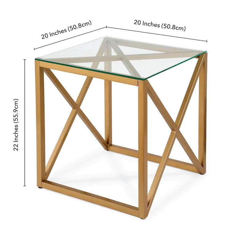 Table d'appoint géométrique en métal et verre avec piètement en X, finition laiton doré