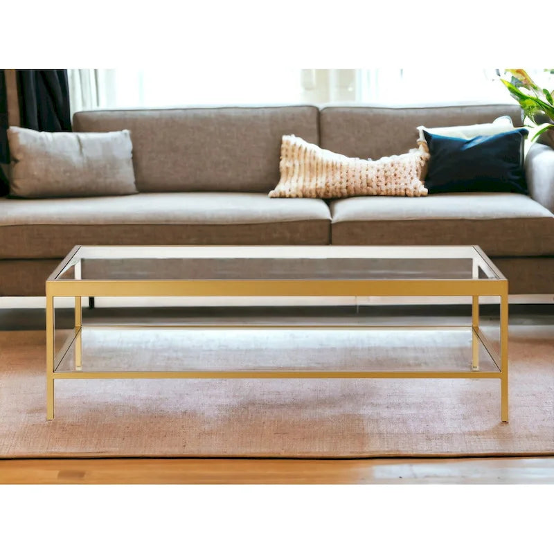 Table basse en verre et acier clair et doré avec étagère