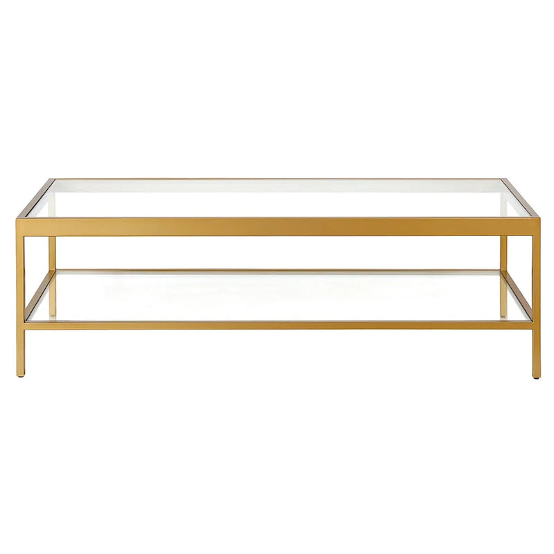 Table basse en verre et acier clair et doré avec étagère