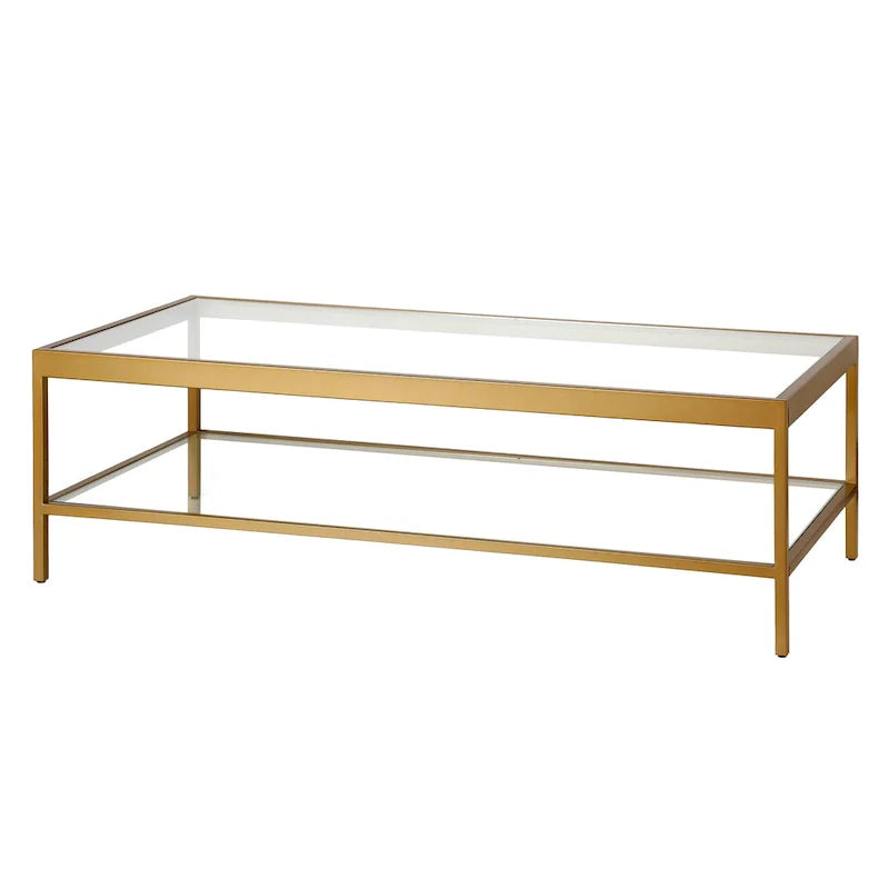 Table basse en verre et acier clair et doré avec étagère