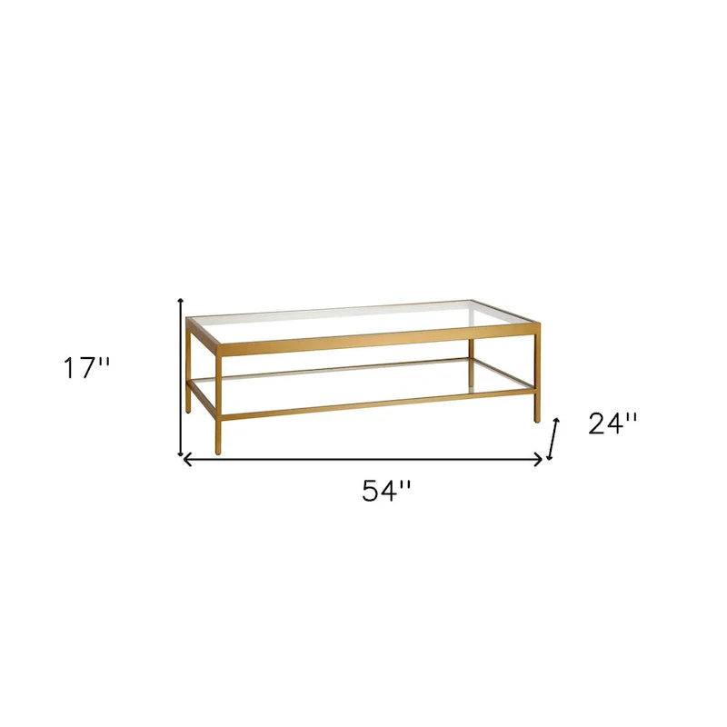 Table basse en verre et acier clair et doré avec étagère