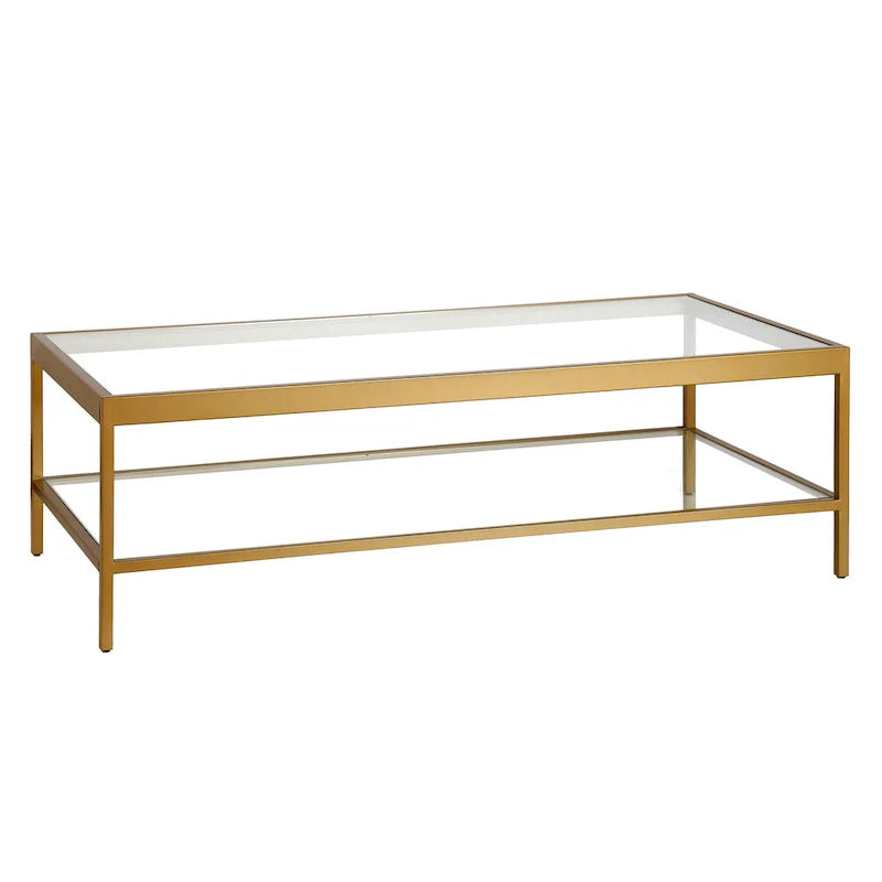 Table basse en verre et acier clair et doré avec étagère