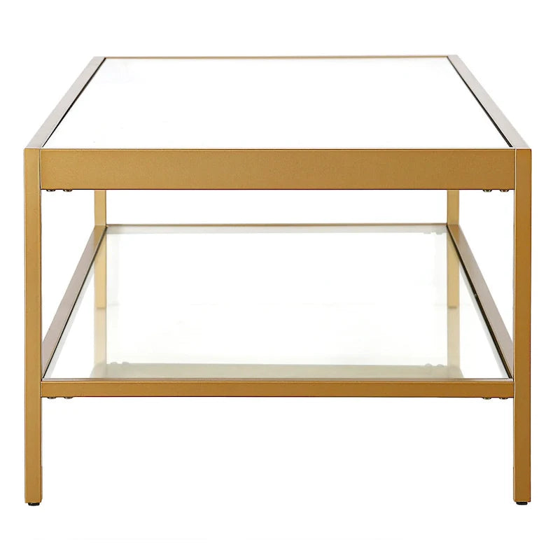 Table basse en verre et acier clair et doré avec étagère