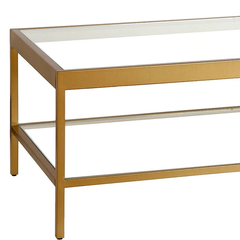 Table basse en verre et acier clair et doré avec étagère