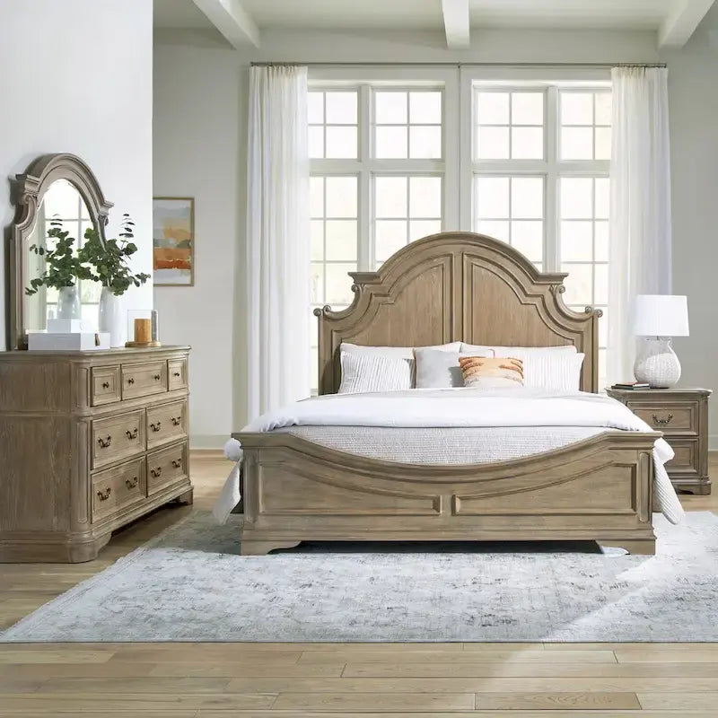 Lit à panneau, commode avec miroir et table de nuit