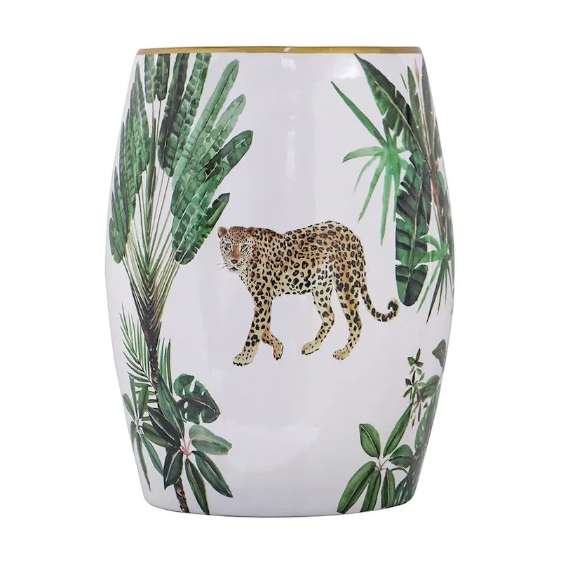 Table d'appoint en céramique de 45,7 cm, forme tambour, imprimé tropical, blanc, vert