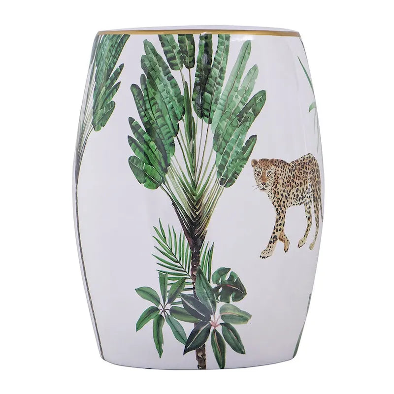 Table d'appoint en céramique de 45,7 cm, forme tambour, imprimé tropical, blanc, vert