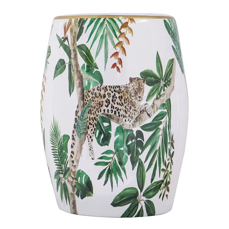 Table d'appoint en céramique de 45,7 cm, forme tambour, imprimé tropical, blanc, vert