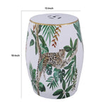Table d'appoint en céramique de 45,7 cm, forme tambour, imprimé tropical, blanc, vert