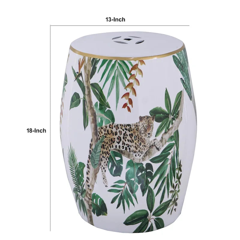 Table d'appoint en céramique de 45,7 cm, forme tambour, imprimé tropical, blanc, vert