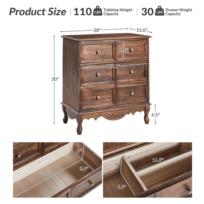 Table de chevet rustique à 3 tiroirs, effet vieilli, avec pieds en bois massif et pieds réglables