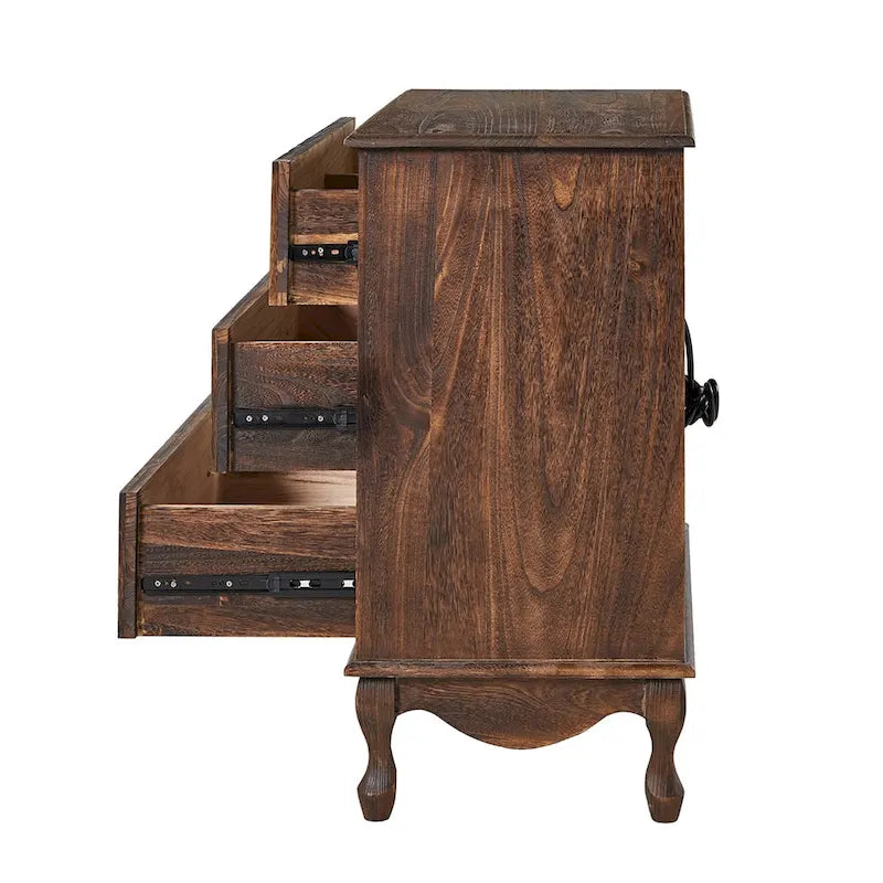 Table de chevet rustique à 3 tiroirs, effet vieilli, avec pieds en bois massif et pieds réglables