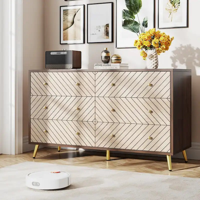 Commode à 6 tiroirs avec pieds en métal pour chambre à coucher, salon, entrée