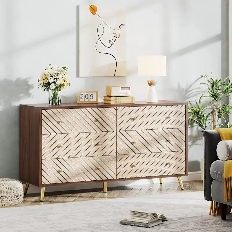 Commode à 6 tiroirs avec pieds en métal pour chambre à coucher, salon, entrée