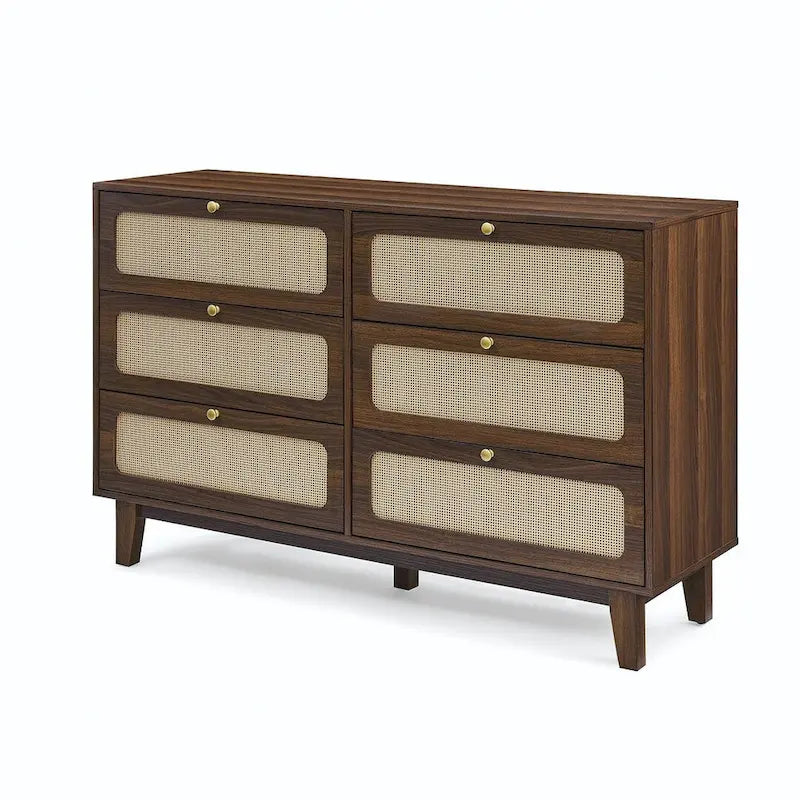 Commode moderne en rotin et bois massif avec 6 tiroirs pour chambre à coucher