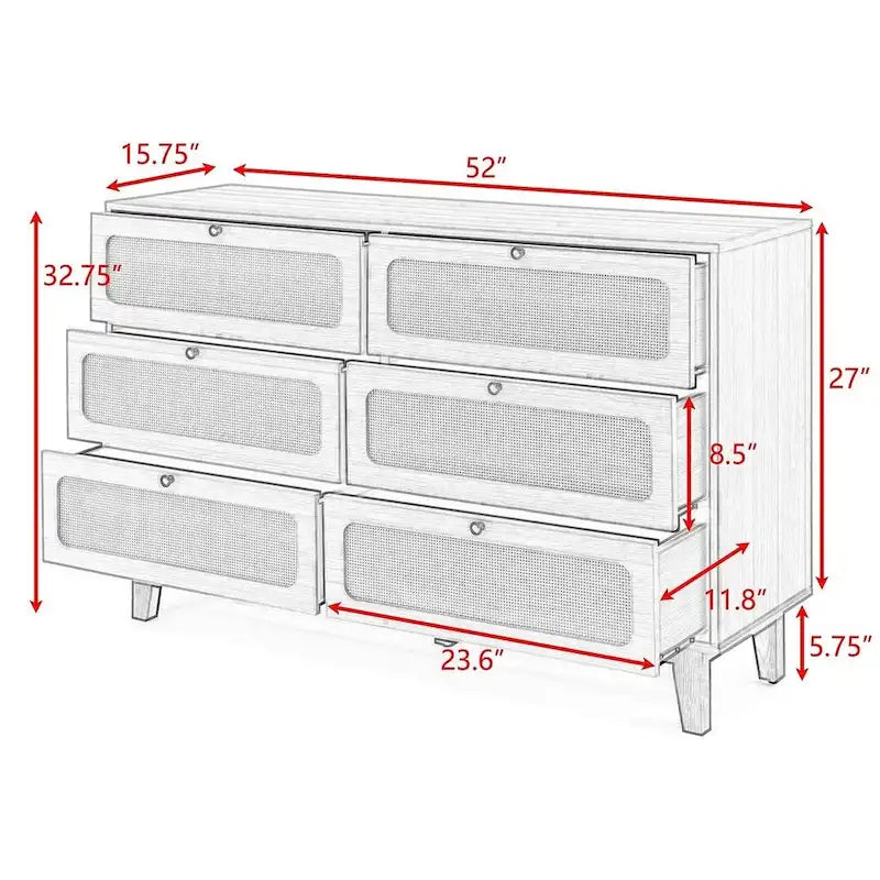 Commode moderne en rotin et bois massif avec 6 tiroirs pour chambre à coucher