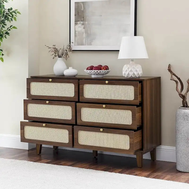 Commode moderne en rotin et bois massif avec 6 tiroirs pour chambre à coucher