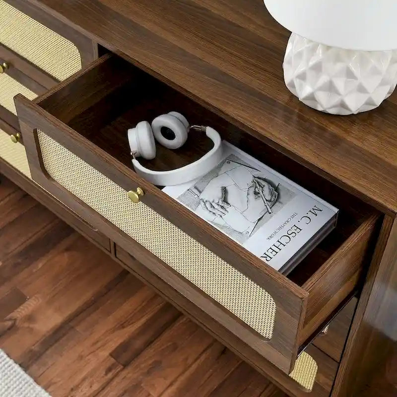 Commode moderne en rotin et bois massif avec 6 tiroirs pour chambre à coucher