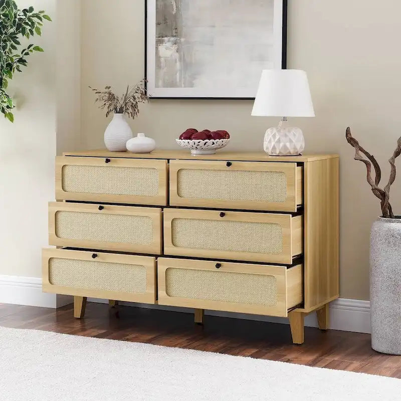 Commode moderne en rotin et bois massif avec 6 tiroirs pour chambre à coucher