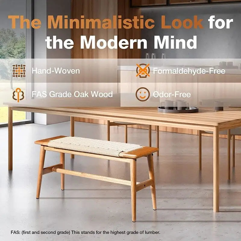 Banc d'intérieur de style bohème en chêne massif avec assise en corde tressée et assemblage tenon-mortaise pour entrée, chambre ou salle à manger