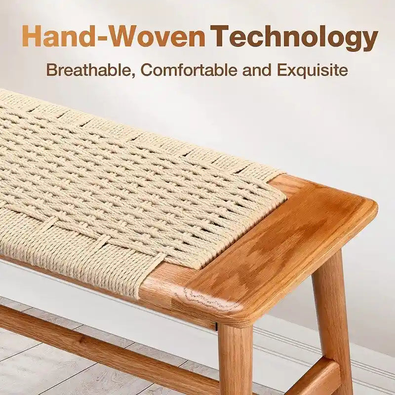 Banc d'intérieur de style bohème en chêne massif avec assise en corde tressée et assemblage tenon-mortaise pour entrée, chambre ou salle à manger