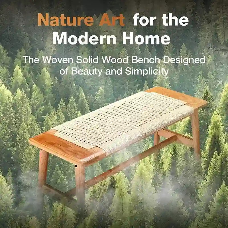 Banc d'intérieur de style bohème en chêne massif avec assise en corde tressée et assemblage tenon-mortaise pour entrée, chambre ou salle à manger