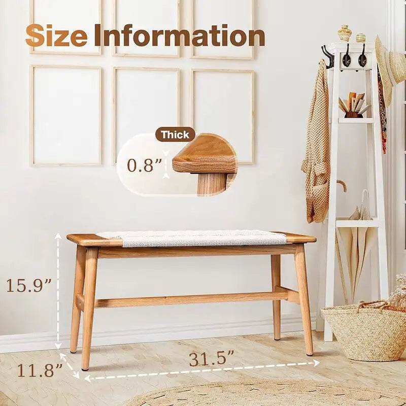 Banc d'intérieur de style bohème en chêne massif avec assise en corde tressée et assemblage tenon-mortaise pour entrée, chambre ou salle à manger