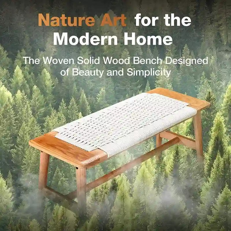 Banc d'intérieur de style bohème en chêne massif avec assise en corde tressée et assemblage tenon-mortaise pour entrée, chambre ou salle à manger